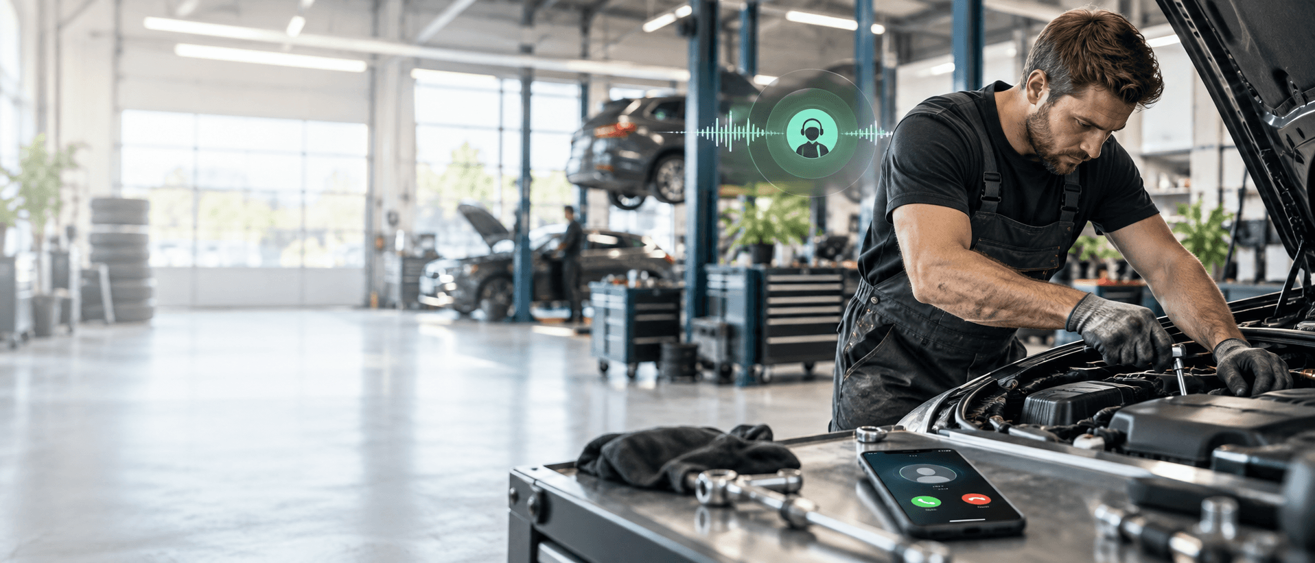 Mechanik pracuje pod maską samochodu, a DzikVoice odbiera w tym czasie połączenie od klienta
